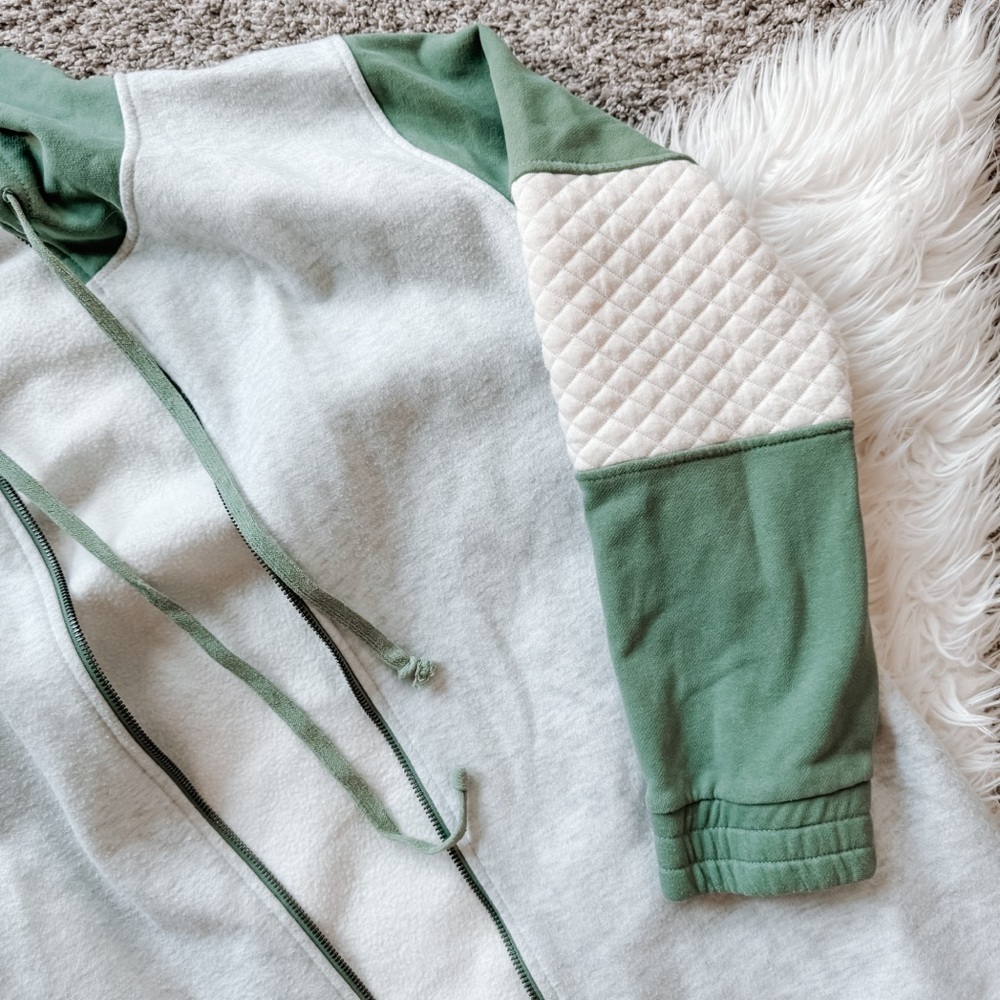 Hem & Thread | Quilted Sleeve Zip-up Hoodie in Sage - Picture 5 of 10